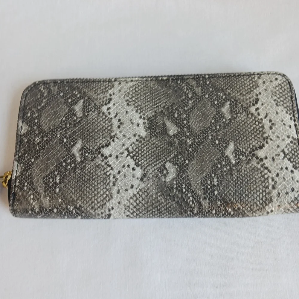 Fossil Zip Around Wallet Faux Leather Python Taupe Gray